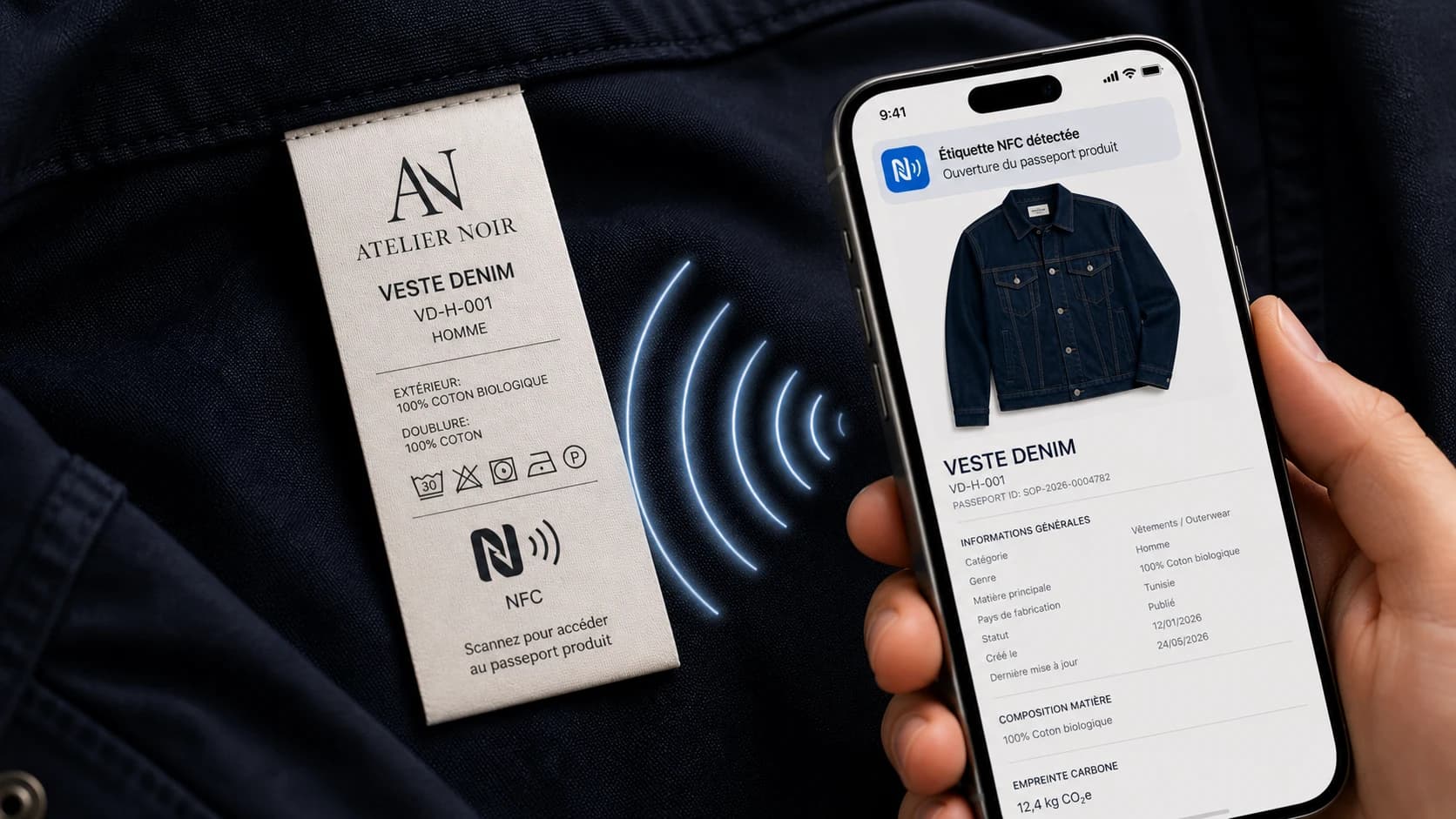 Étiquette textile en marque blanche avec NFC classique détecté par un iPhone.