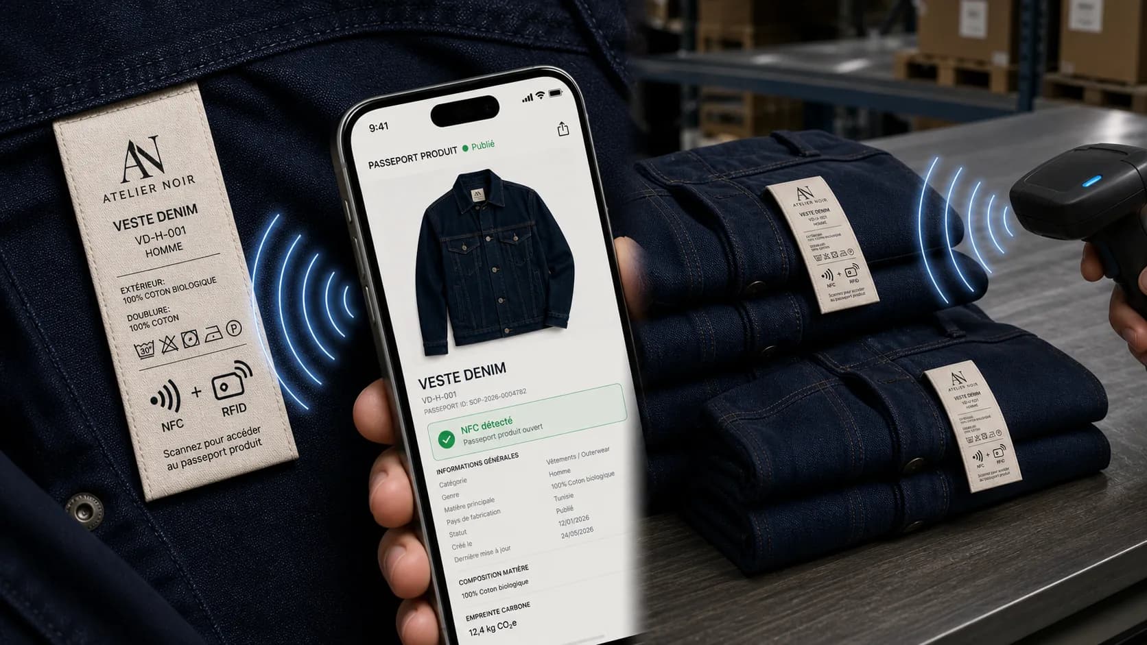 Étiquette textile en marque blanche combinant NFC et RFID, avec lecture client et scan logistique.