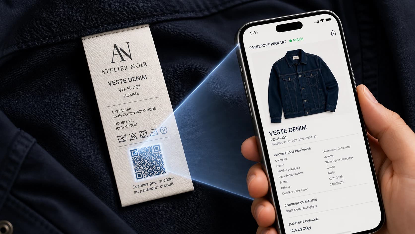 Étiquette textile en marque blanche avec QR Code scanné par un iPhone.