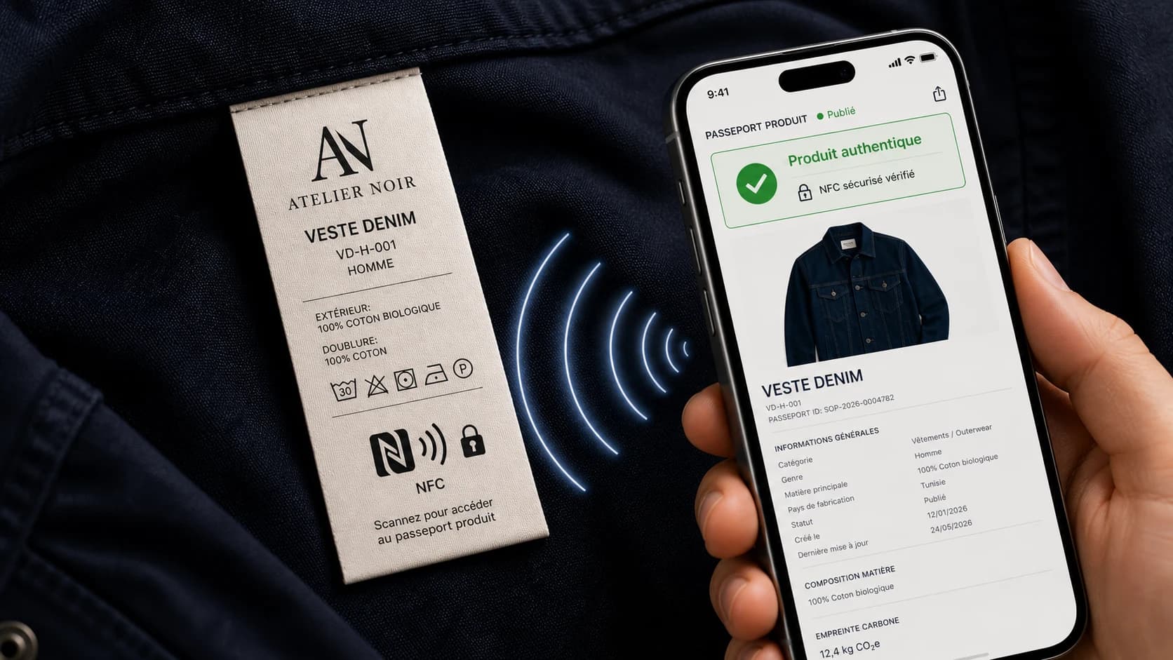 Étiquette textile en marque blanche avec NFC sécurisé et preuve d'authenticité sur iPhone.